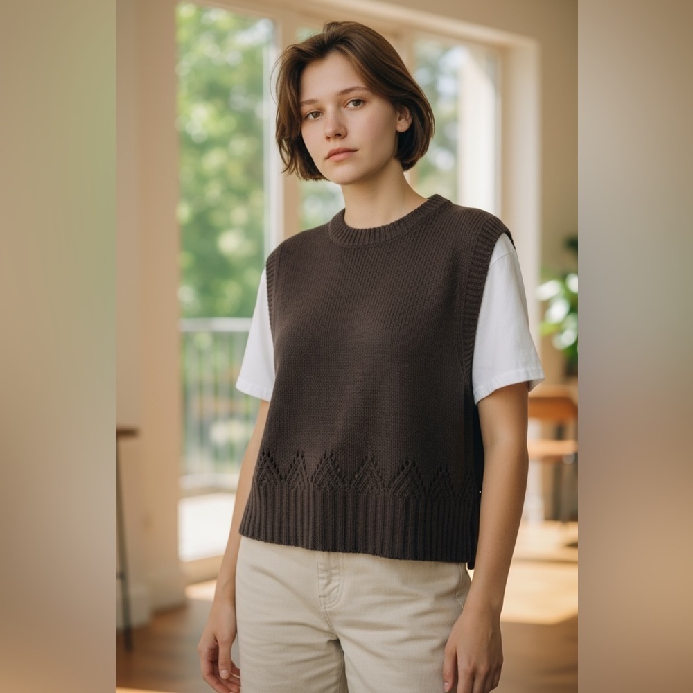 ONLY Brand Brown Knitted Vest Top with Pointelle Pattern Hem - Size Large